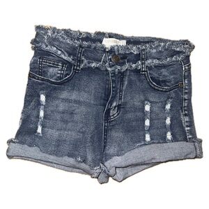 Celebrity Ace Distressed Blue Denim Shorts Frayed Waist Raw Hem